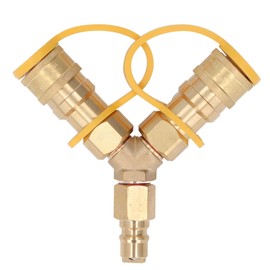 3/8 Inch Gas Y Splitter, Brass 2 Way Quick Connect Adapter for Gas, Support Auto Close, Safe to Use, for Weber Gas Grills, Patio Heater, Pizza Oven, Patio Fire Pit