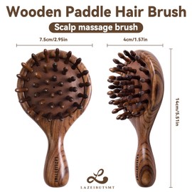 Mini Hair Brush, Travel Small Wooden Boar Bristle Brush, Portable Compact Air Cushion Brush for Women Girls Kids, Handcrafted Scalp Massage, Travel Size for Purse, Vacation & Business Trips
