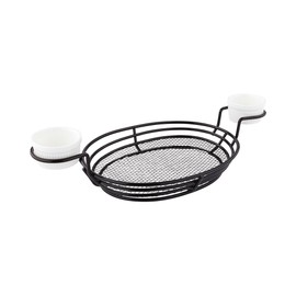 13 x 6 x 2.2 Inch Restaurant Basket, 1 Oval French Fry Basket - With 2 Ramekin Holders, Reusable, Black Iron Serving Baskets, For Chicken Tenders, Hot Dogs, Wings, Or Onion Rings, Durable