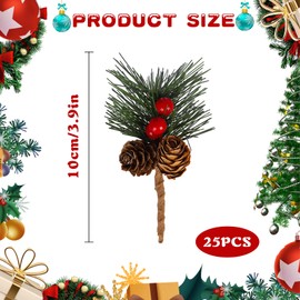 25 Pcs Artificial Pine Picks Christmas Pine Branches Christmas Artificial Pine Picks Accessories Faux Pine Needles with Red Berries Pine Cones for Christmas Wreaths Tree Flower Arrangement Gift Decor