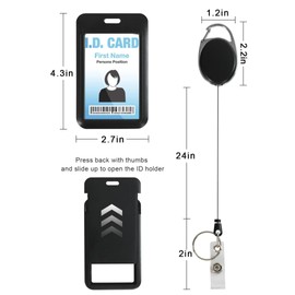 Narcilors 2 Pack Sliding Badge Holder Hard Black Vertical Plastic Card Case Protector with Retractable Badge Reel Carabiner for Office School ID Credit Proximity Key Card (Badge Holder with Lanyard)