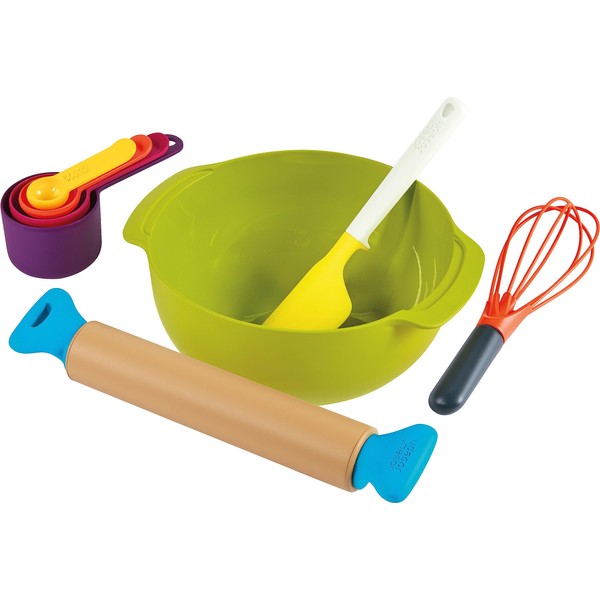 Casdon Joseph Joseph Toys. Bake Set. Toy Kitchen Playset for Kids with Easy-Grip Rolling Pin, Whisk, Measuring Cups, and Mixing Bowl for Real Baking. For Children Aged 3+