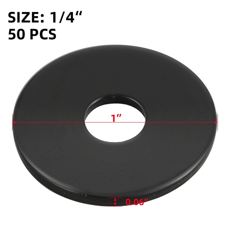 50 PCS 1/4" Black Flat Washer, 1" Outer Diameter, 304