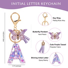 HaimiLiya Initial Keychains for Women Girls with Tassel Butterfly, Cute Letter Keychain Charm for Keys Purse Handbags, Purple