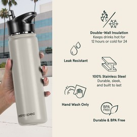 Retrospec Alder Insulated Water Bottle with Straw Lid & Handle Cap - Stainless Steel Wide Mouth Double-Wall Vacuum Insulated Thermos - BPA Free Leakproof Canteen - Abalone, 22oz