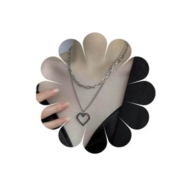 Allereya Multilayer Hollow Heart Pendant Necklace Silver Paper Clip Chain Necklace Open Heart Necklace Punk Multilayer Chain Necklace Jewellery for Women and Girls