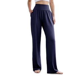 ESOFT Women's Casual Loose Wide Leg Comfy Pants Yoga Stretch Casual Pants Slacks with Pockets High,Navy Blue,Medium