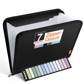 Sooez Accordion File Organizer with Safe Zipper, 7 Pockets Expanding File Folder, Heavy Duty Folder Organizer, Sleek Letter Size Accordion Folder, Portable Expandable File Folder for Documents, Black