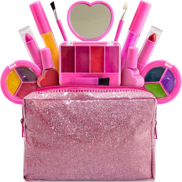 Kids Makeup Kit For Girl - 13 Piece Washable Kids Makeup Set – My First Princess Make Up Kit Includes Blush, Lip Gloss, Eyeshadows, Lipsticks, Brushes, Mirror Cosmetic Bag Best Gift For Girls Original