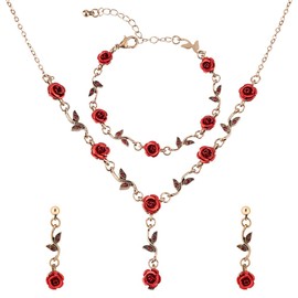 SUPERFINDINGS 3Pcs Red Rose Jewelry Set Vintage Flower Jewelry Dangle Set Rose Blossom Necklace Earrings Bracelet Romantic Wedding Birthday Prom Valentine's Day Jewelry for Woman