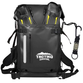 TACTIKO 30L Premium 100% Waterproof Backpack with Equipment Pocket, Carabiner - Marine Roll Top Dry Bags for Kayaking, Beach, Boating, Fishing, Hiking, Survival, Camping, Travel (Jet Black)