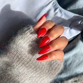 SXVME 48 Pcs Red False Nails Almond Medium Length, Acrylic Press on Nails Stiletto, Solid Color Glossy Gel Full Cover Fake Nails for Women Finger Decoration