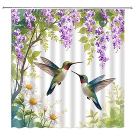 Hummingbird Floral Shower Curtain,Purple Flower Green Leaf Wisteria Weeping Vine Nature Polyester Bathroom Curtain with 12 Hooks,70x70 Inch