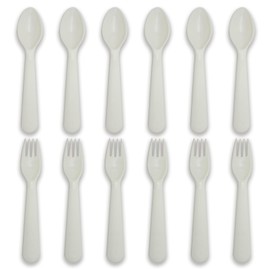 Muulaii 12 Pcs Kids Spoons and Forks Toddler Utensils Plastics Reusable Silverware Baby Cutlery Set Feeding Dinnerware Utensils BPA Free Microwave Dishwasher and Freezer Safe- White