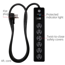 GE 6-Outlet Surge Protector, 8 Ft Extension Cord, Power Strip, 1300 Joules, Flat Plug, Twist-to-Close Safety Covers, Protected Indicator Light, UL Listed, Black, 33662
