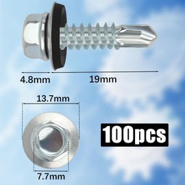 100PCS Roofing Screws with Rubber Washers 4.8x19mm Hex Head Self Tapping Screws Tech Screw for Metal Zinc Plated Corrugated Roofing Cladding Steel Screw for Tin Roof