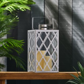LOPOO 18" Stainless Steel Lantern with Lattice Pattern and Tempered Glass, Elegant Outdoor Decor, Silver