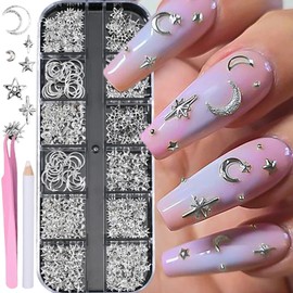 HYWWPFLAY 12 Grids 3D Metal Silver Star and Moon Nail Art Charms, Star Nail Charms Jewels Star for Nails Design Rhinestones for Women DIY Manicure Decoration Accessories with Pickup Pen & Tweezers