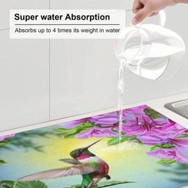 Floral Hummingbird Dish Drying Mats for Kitchen Counter Large Drying Mat for Dishes Microfiber Dish Rack Mat Kitchen Decor Spring Flower Drainer Pad Ultra Absorbent Dry Mat 18×24 Inch