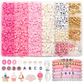 Dotilili 3164 Pieces Pink Polymer Clay Beads Set, 6 mm Heishi Beads for Threading Bracelets DIY Set with Letter Pendant Bead Set for Bracelets Necklace Earrings Jewellery (Pink)