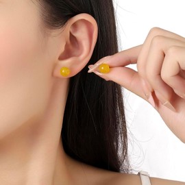 8mm Natural Yellow Agate Stud Earrings for Women Girls, 925 Sterling Silver Round Crystal Stone Ball Studs, Hypoallergenic Fashion Crystal Gemstone Jewelry Gifts