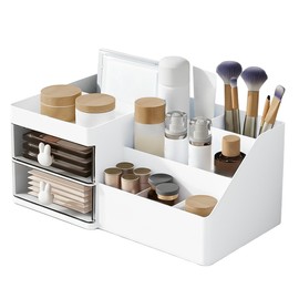 White Makeup Organizer with Drawer - Office Desktop Storage Box, Cosmetic Brush Holder, Plastic Vanity Organizer Beauty Organiser Desk Organizer for Countertop, Bathroom & Bedroom