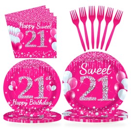 96Pcs 21st Birthday Party Supplies 350 GSM Hot Pink Sweet 21 Plates and Napkins Tableware Sets Happy 21st Birthday Decorations for Girls Women Finally Legal 21 Years Old Party Favors, Serves 24