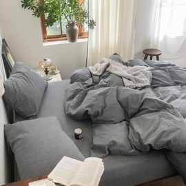 FOSSA Duvet Cover Set 100% Washed Cotton Linen Feel Super Soft Breathable Cozy 3 Pieces Bedding Sets Solid Dark Grey Queen