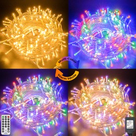 Decute Colors Changing Christmas Lights 4 Colors in 1 String Lights, 11 Modes 108FT 300LED Extendable Waterproof Indoor Outdoor Tree Fairy Lights Warm White & Multicolor with Timer Remote, Clear Wire