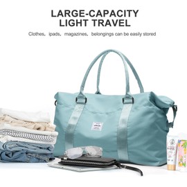 Travel Duffel Bag,Waterproof Duffel Gym Tote Bag Personal Item Bag,Large Sports Weekender Carry On Overnight Bags for Women with Wet Pocket,Duffel Hospital Bag, Light Blue