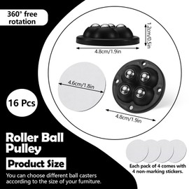 16PCS Black Self Adhesive Caster Wheels Mini Swivel Wheels Stainless Steel Paste Universal Wheel Heavy Duty 360 Degree Rotation Sticky Pulley for Storage Box Furniture Trash Can (Black, 4 Balls)