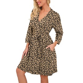 PrinStory Women Robes Lightweight Dressing Gowns Soft Kimono Robes Short Sleepwear Casual Knit Bathrobe Ladies Loungewear Homewear (Vintage Leopard Khaki, XL)