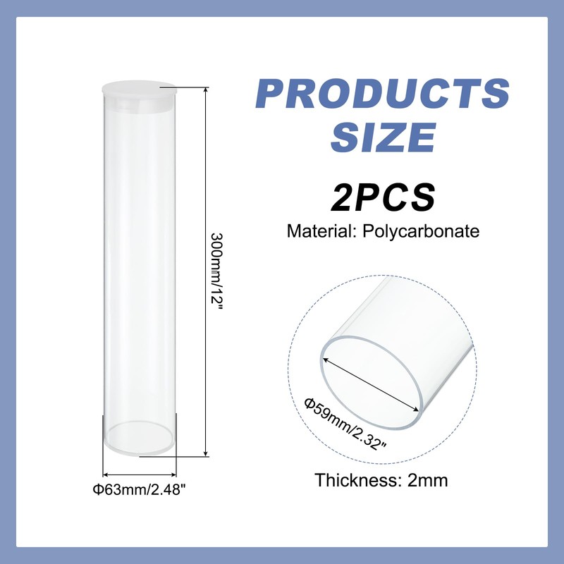 sourcing map Transparent Plastic Storage Tubes, 2 1/2" x 12"(63x300mm)