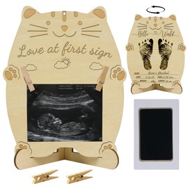 Cute Cat Baby Announcement Sign Memory Kit, Wooden Baby Footprint Kit and Ultrasound Picture Frames with Ink Pads, Hello World Newborn Sign for Nursery Decor, Pregnant Gift