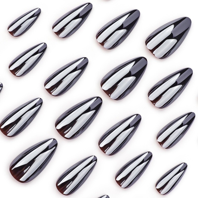 Medium Press on Nails Almond Fake Nails with Chrome Designs