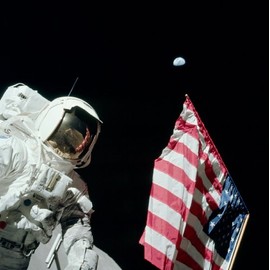 Apollo 17 Mission Astronaut Harrison Jack Schmitt American Flag and Earth Poster Art Photo USA Space Poster Photos 12x12