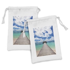 Lunarable Ocean Fabric Pouch Set of 2, Caribbean Seascape Jetty and Sail Boat Cloudy Sky Clear Exotic Americana, Small Drawstring Bag for Toiletries Masks and Favors, 9" x 6", Turquoise Blue White