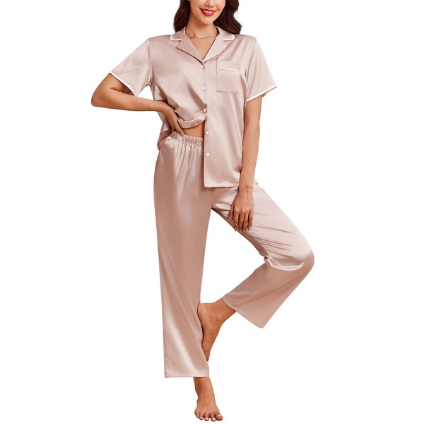 Ekouaer Womens Silk Satin Pajama Sets 2 Piece Button Up