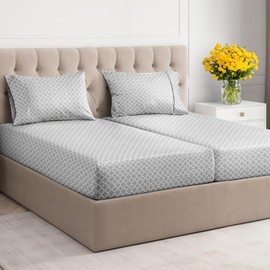 5 Piece Grey Sheets Split King Set – Geometric Flat Sheet 108 x 102, 2 Fitted Sheets 39 x 80 and 2 Pillowcases 20 x 40 – Deep Pocket, Ultra-Soft, Trellis Bed Sheets – Oeko-TEX Moroccan Decor Sheet Set