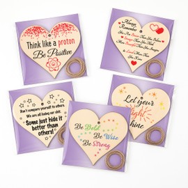 Pack of 5 Wooden Hanging Hearts with Inspirational Quote – x5 Set of Rustic Decorative Plaques for Wall or Door – Motivational Gift for Women, Friends, Teens