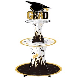 Graduation Cupcake Holder Decoration 3 Tier Congrats Grad Party Cupcake Stand Tower Cardboard Graduation Theme Dessert Stand for Graduation Party Supplies Favors (Black and Gold)