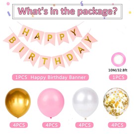 Balloons Birthday Decoration Set, Pink White Gold Birthday Decoration Happy Birthday Decoration Banner Party Decoration Birthday Set with 16 Pieces Pink White Gold Latex Balloons Confetti Balloons