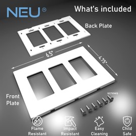 [5 Pack] NEU 3-Gang Screwless Decorator Wall Plates Child Safe Outlet Cover, 4.75" x 6.5", Unbreakable Polycarbonate Thermoplastic, Glossy White