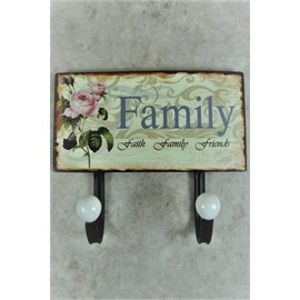 Coat Hooks Family- Metal Plaque With Coat Hooks - Faith Family Friends - Cream And Brown With Vintage Rose Design