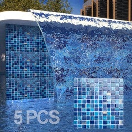 LSDECO 5 Sheets Glass Mosaic Tiles Backsplash, Pool Tiles, 12" x 12" Kitchen Backsplash Tile, Glass Tiles for Bathroom Border Shower Wall (5 Sq.Ft Blue Blend)