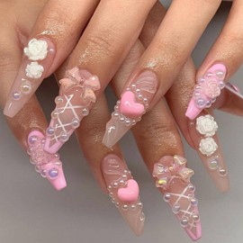 IMRAIN Valentine's Day Press on Nails Long Coffin Fake Nails Pink French Tips Glossy Glue on Nails Full Cover Cute Heart & Bow Designs Artificial Stick on False Nails Ballerina Reusable Nail Kit