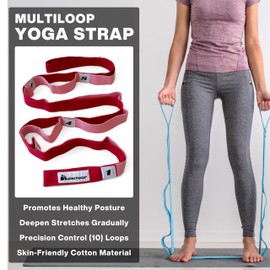 METEOR Stretching Strap (Non-Elastic 10-Loop) – Leg Stretcher Yoga Strap with Carry Bag for Flexibility, Physical Therapy, Rehab Exercise, and Pilates Training, Pink