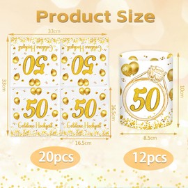 Pack of 20 Napkins Golden Wedding + 12 Lantern Table Decoration + 60 Glitter Confetti, 50 Wedding Anniversary Decoration, Gifts Golden Wedding Parents, Decoration Gold Wedding Table