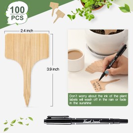 VITEVER 100pcs Plant Labels, T-Type Plastic Tags with Marker Pen, Waterproof Garden Signs for Outdoor Plants (3.9” x 2.4”)