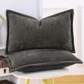 Madizz Set of 2 Chenille Velvet Cushion Covers with Flange Soft Boho Textured Throw Pillow Covers Broadside Pillowcases Modern Farmhouse Home Decor for Sofa Bedroom Dark Taupe 12x20 inch, 30x50 cm